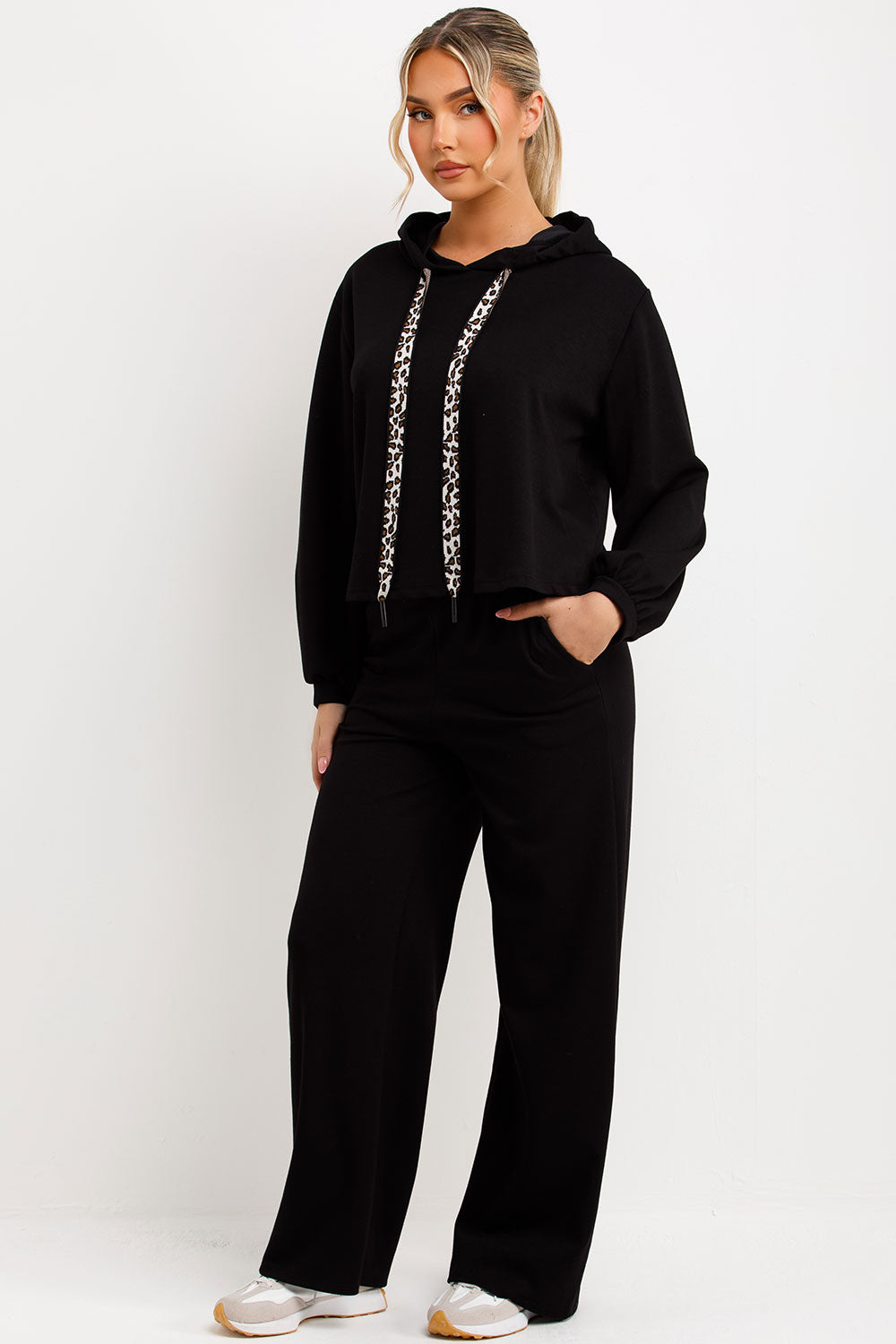 womens leopard print strap hoodie and wide leg trousers loungewear set