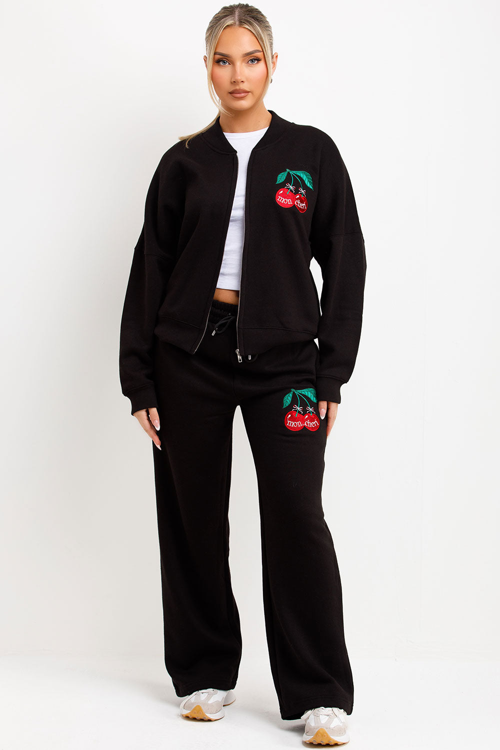womens zara bomber sweatshirt and straight leg joggers loungewear set with mon cheri embroidery
