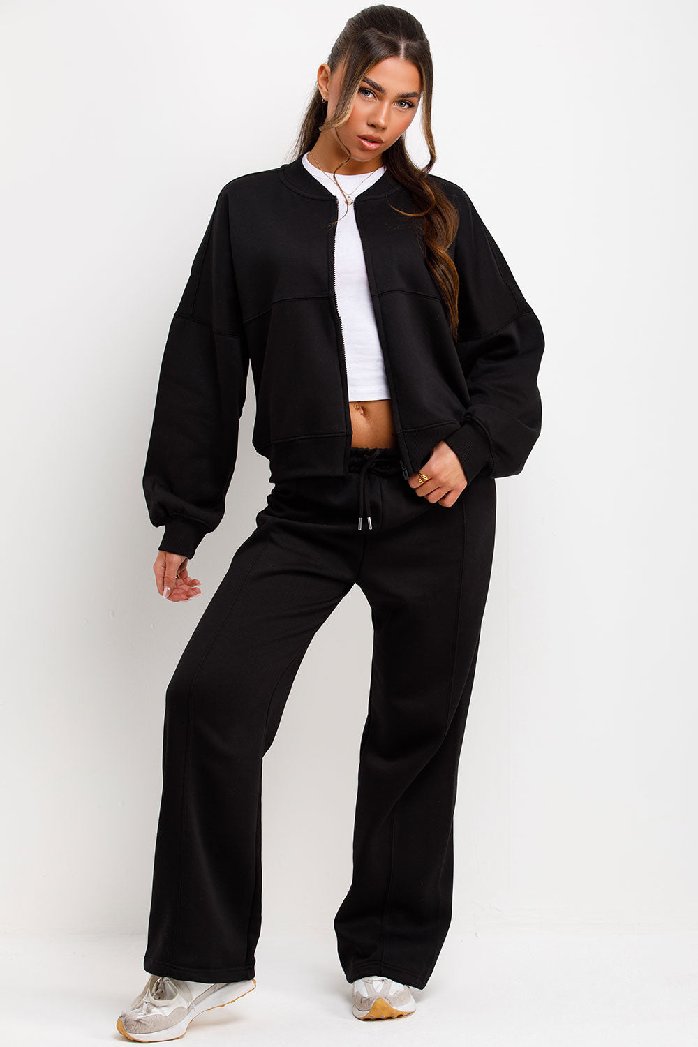 womens tracksuit zara bomber sweatshirt tee shirt and straight leg joggers loungewear 3 piece set