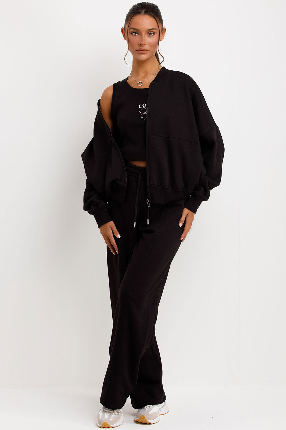 bomber sweatshirt top and straight leg joggers three piece loungewear set