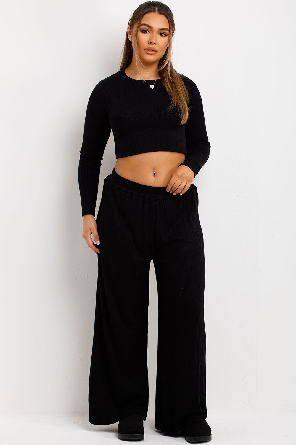 womens zara rib long sleeve top and wide leg trousers loungewear set