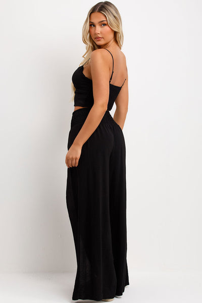 Hollow Out Ankle Side Split Trousers & Crop Top Set