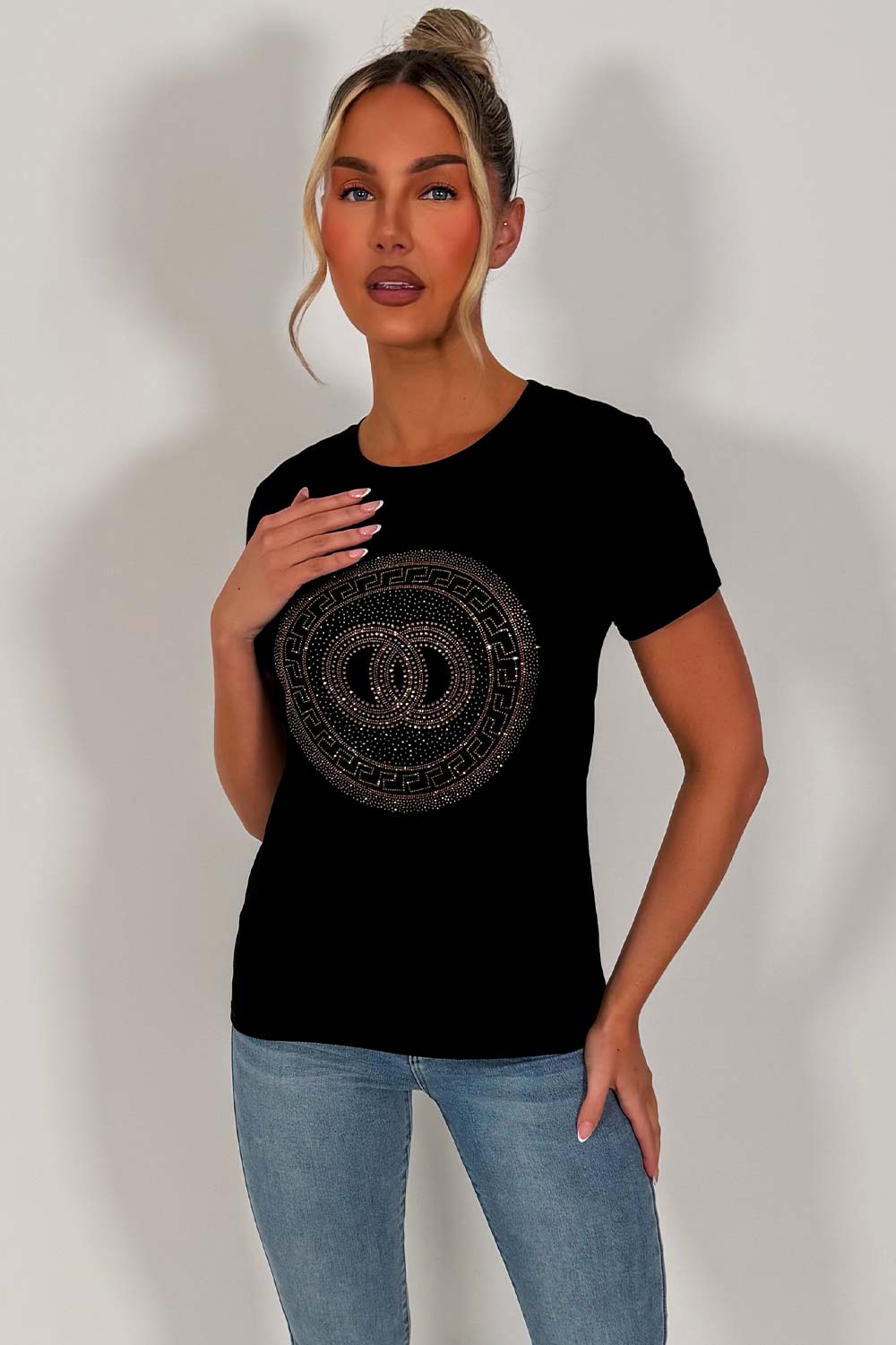 womens rhinestone diamante queen slogan embellishment t shirt black