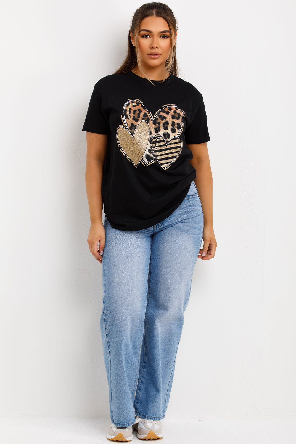 black t shirt with leopard print heart slogan