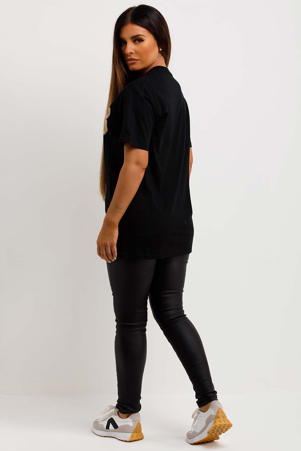 womens black t shirt with teddy bear graphics