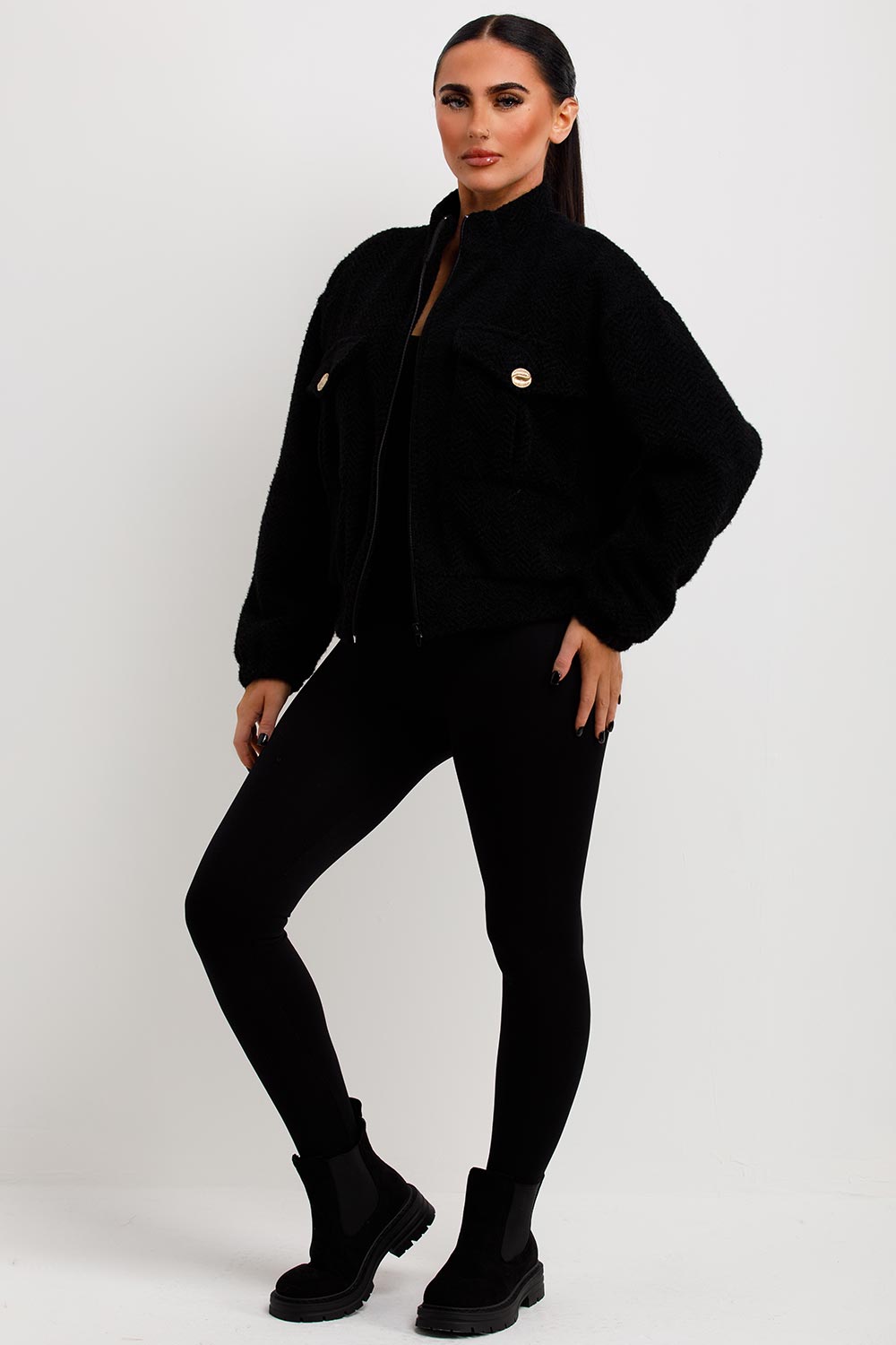 womens crop textured aviator bomber jacket