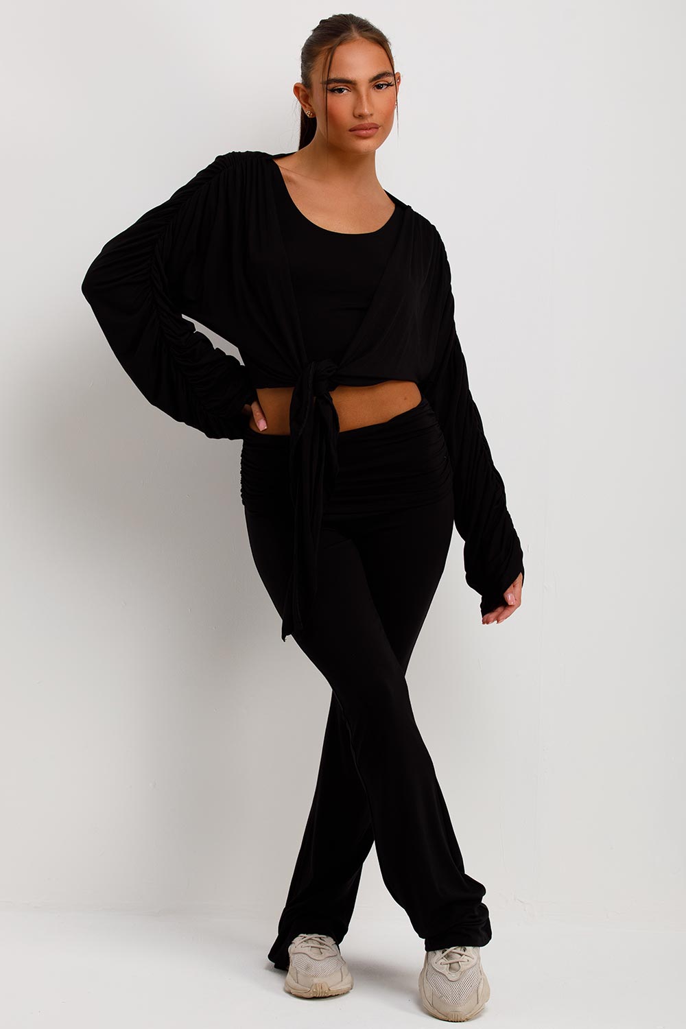 fold flare trousers top and ruched sleeve cardigan matching set loungewear set