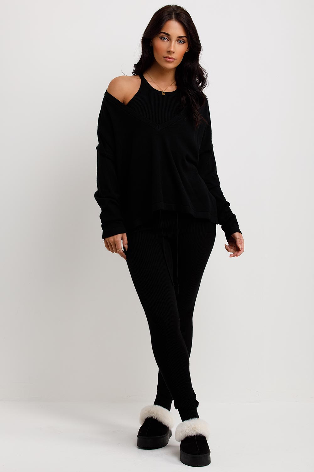 womens black 3 piece lounge set knitted