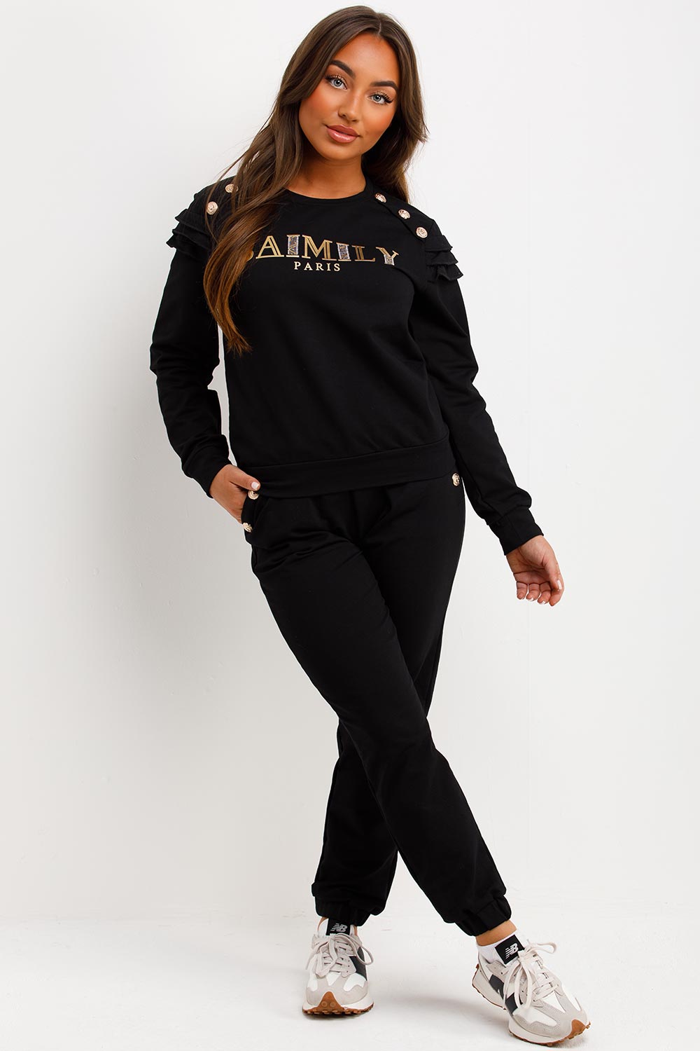 gold button frill ruffle shoulder top and trousers tracksuit set