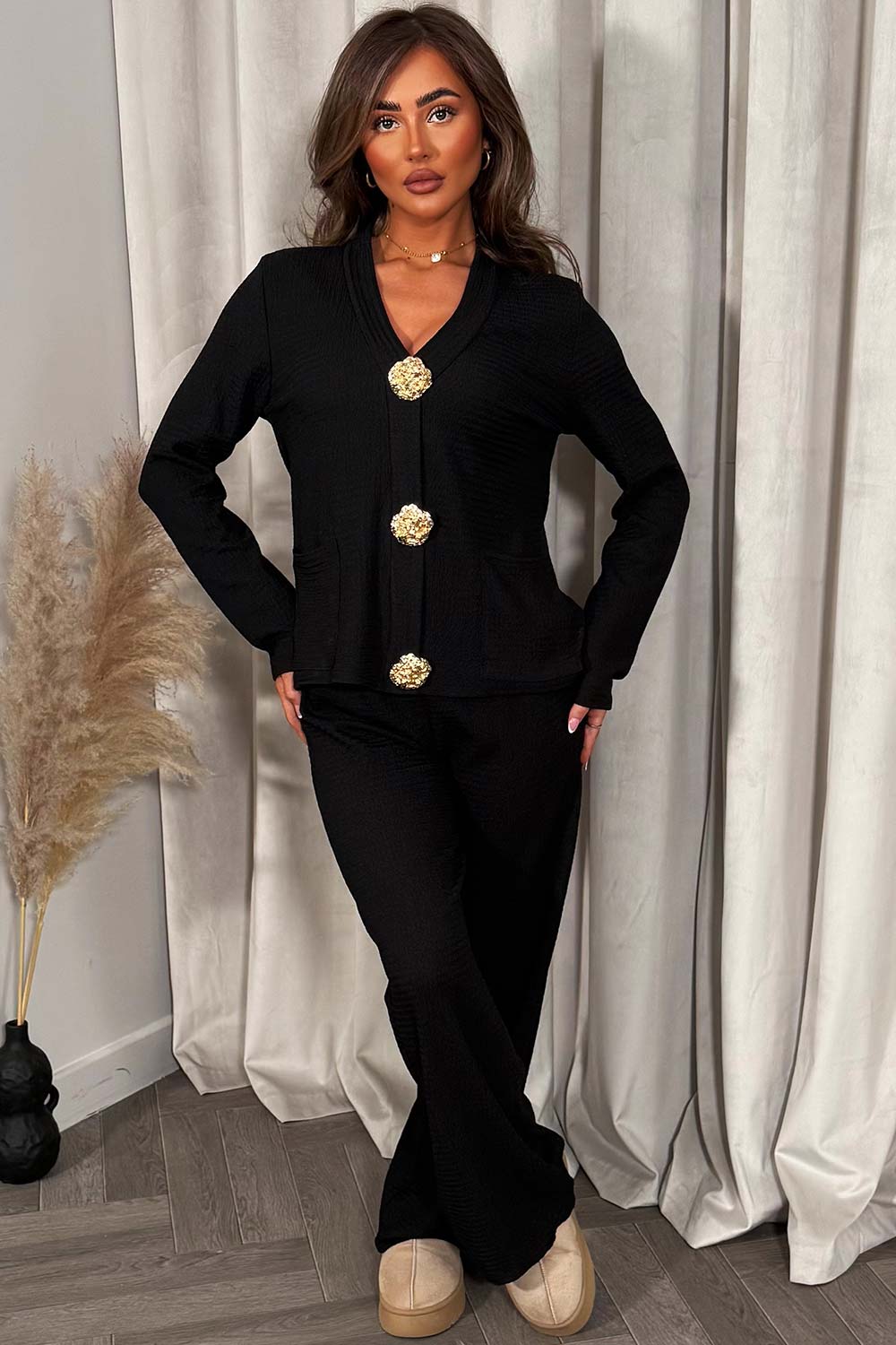 cheesecloth gold button long sleeve top and trousers two piece co ord set styledup