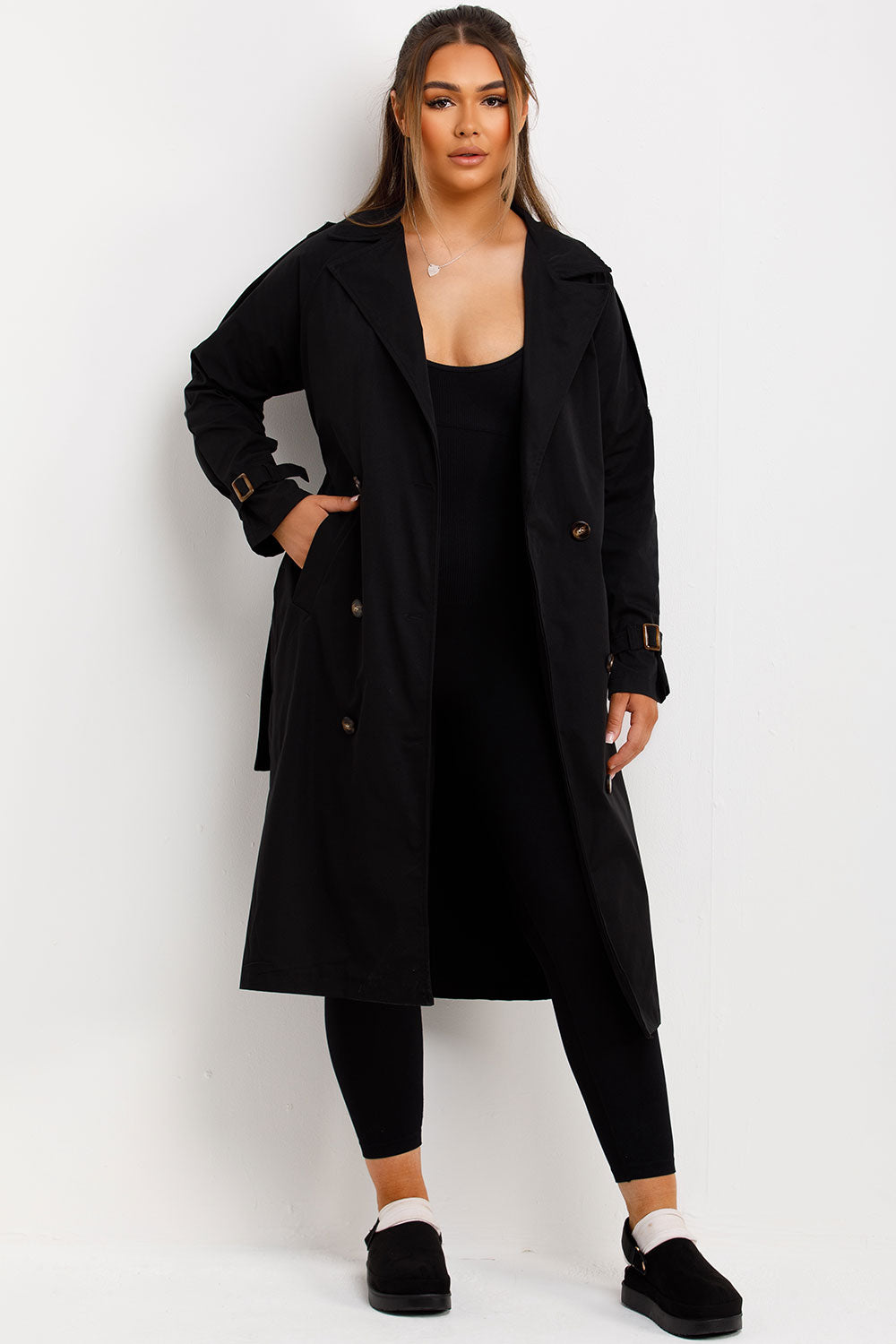 womens long trench coat with waist belt for sale