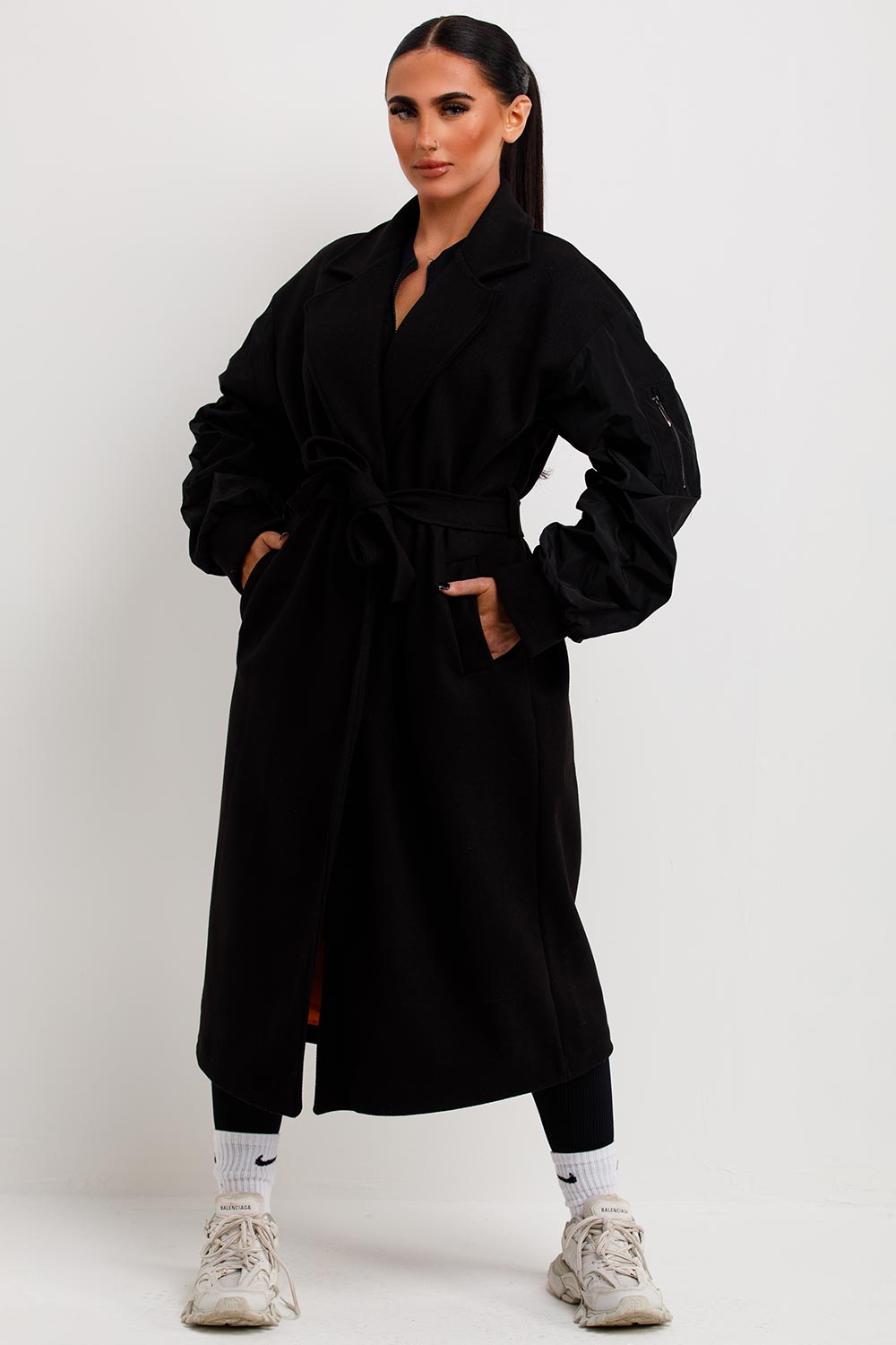 womens long wrap coat with ruched sleeves