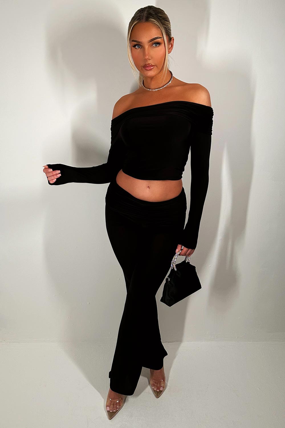 fold detail off shoulder crop top and skinny flare trousers two piece co ord set going out outfit uk sale