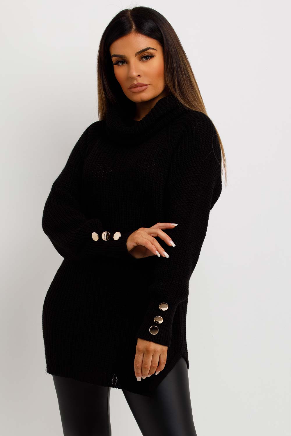 womens roll neck knitted jumper with gold buttons