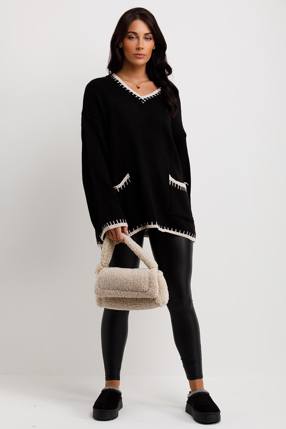 womens v neck oversized knitted jumper with long sleeves