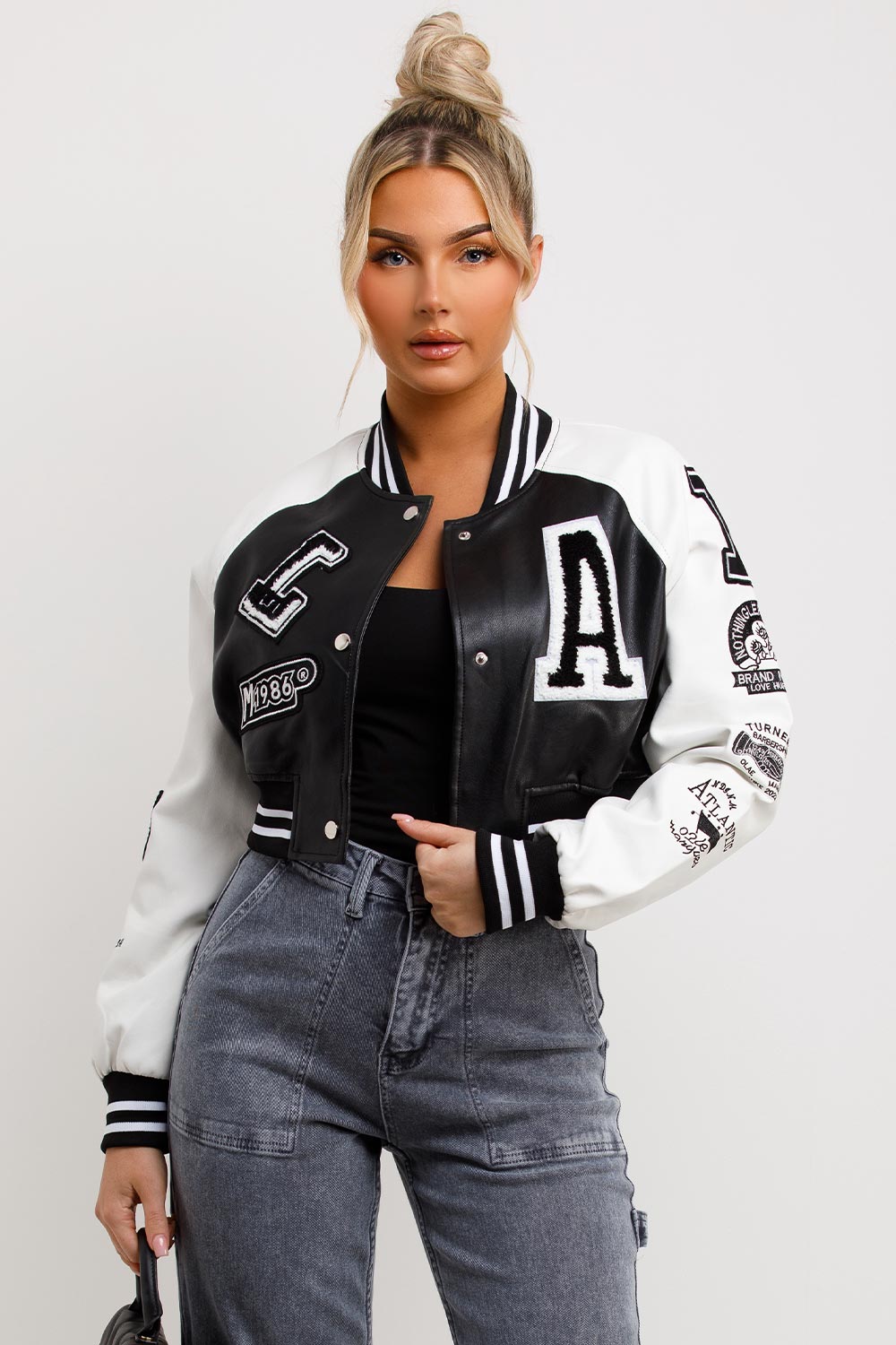 faux leather crop bomber jacket la detail