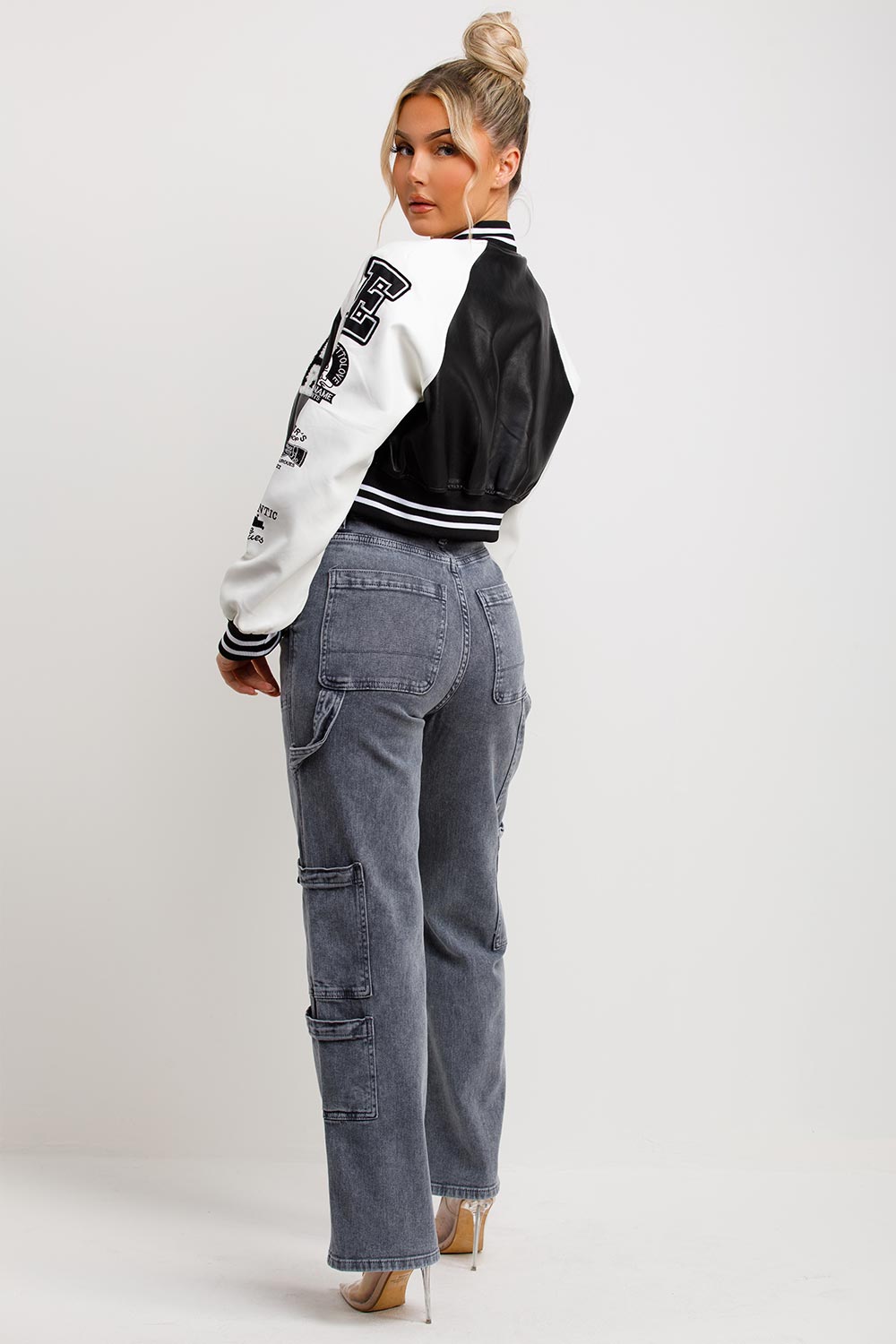 womens crop faux leather la bomber jacket