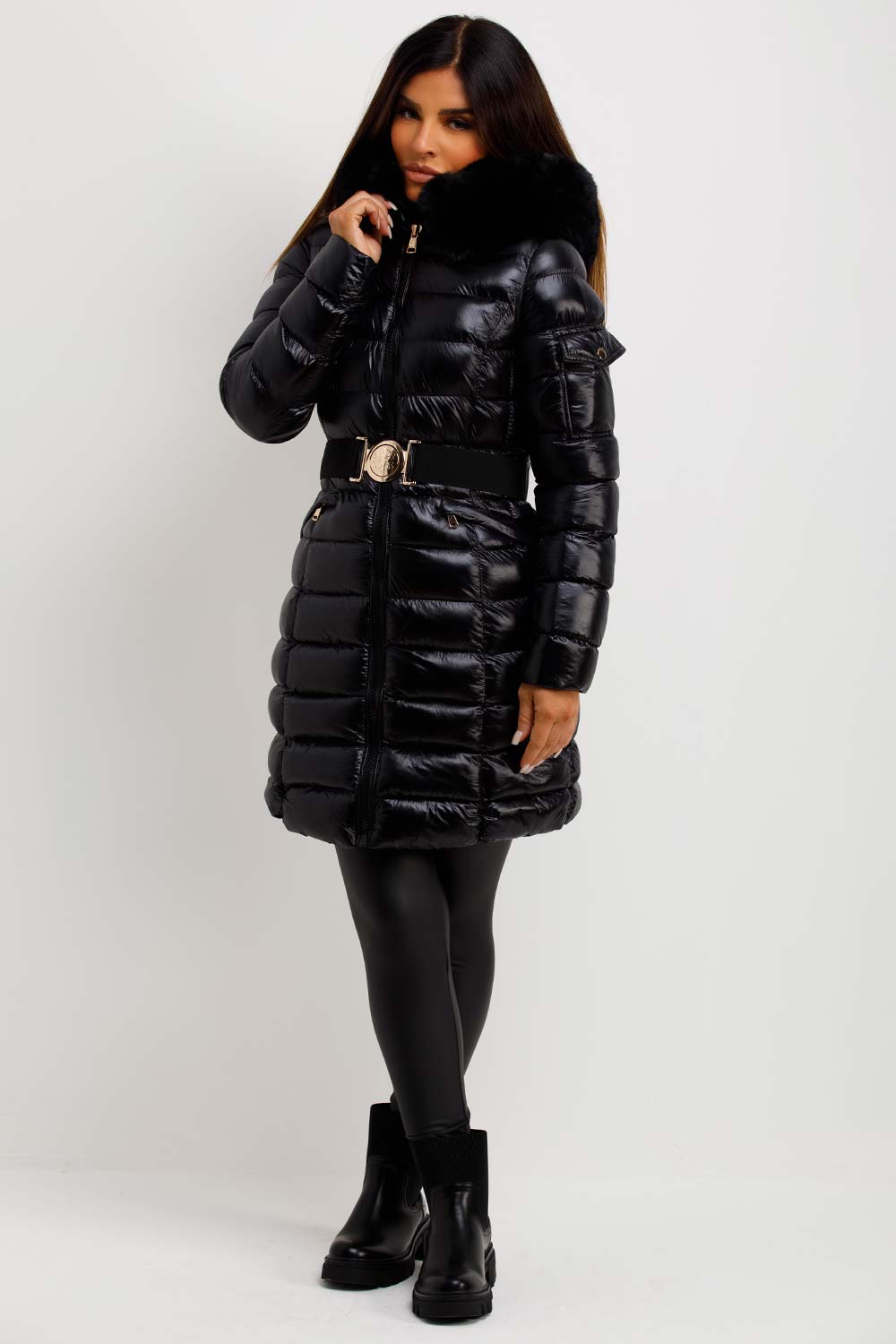 faux fur hood belted puffer padded winter coat for womens