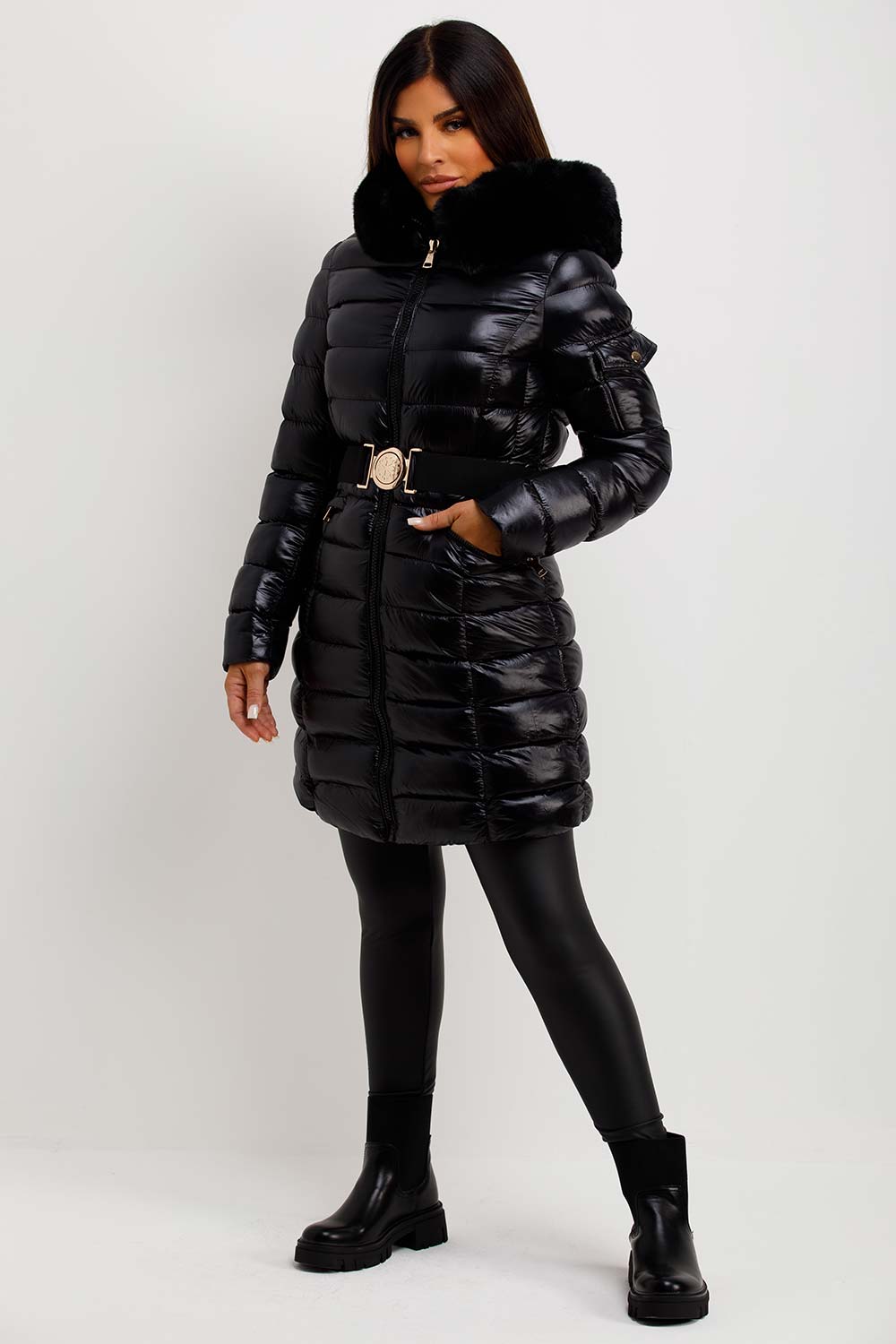 black padded puffer coat with fur hood