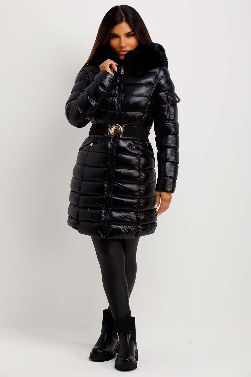 womens long black padded puffer quilted coat with fur hood styledup