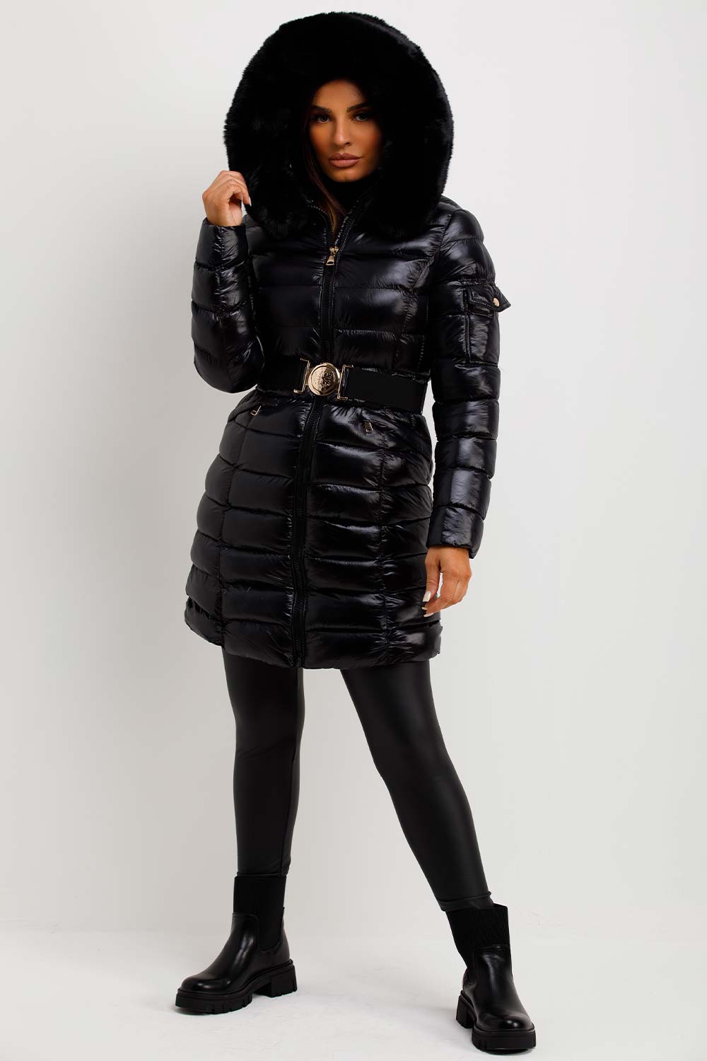 faux fur hood shiny puffer coat
