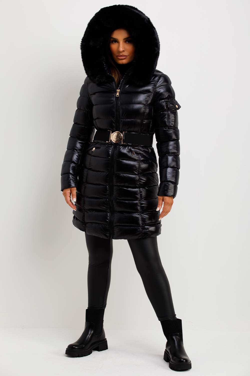 long padded puffer coat with belt styled up coats jackets uk