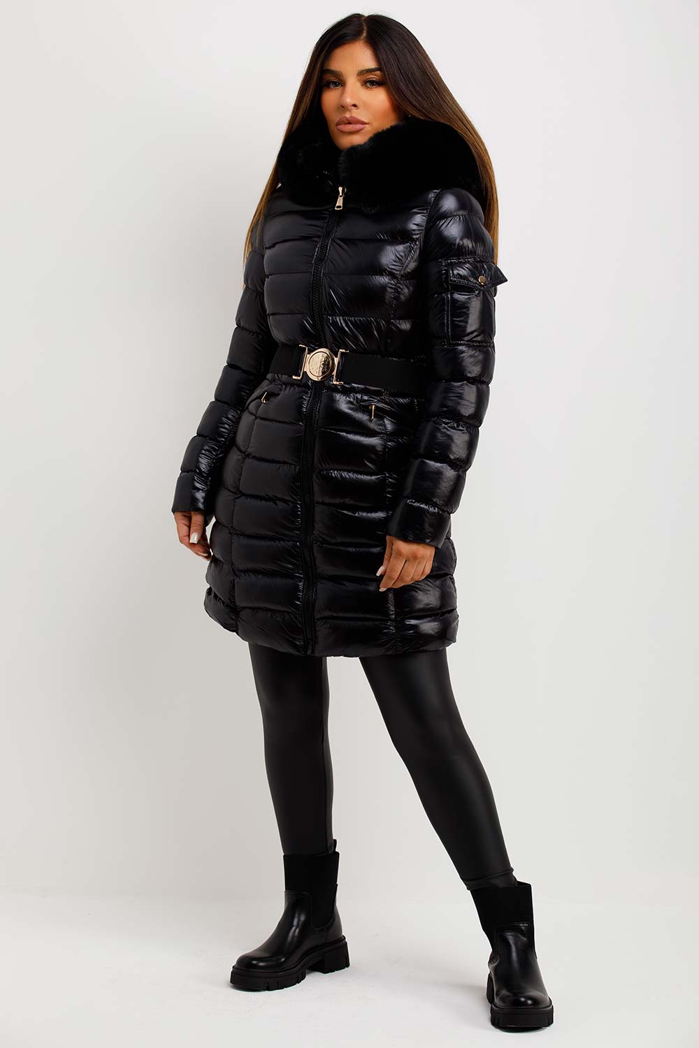 puffer padded fur hood coat with belt styledup