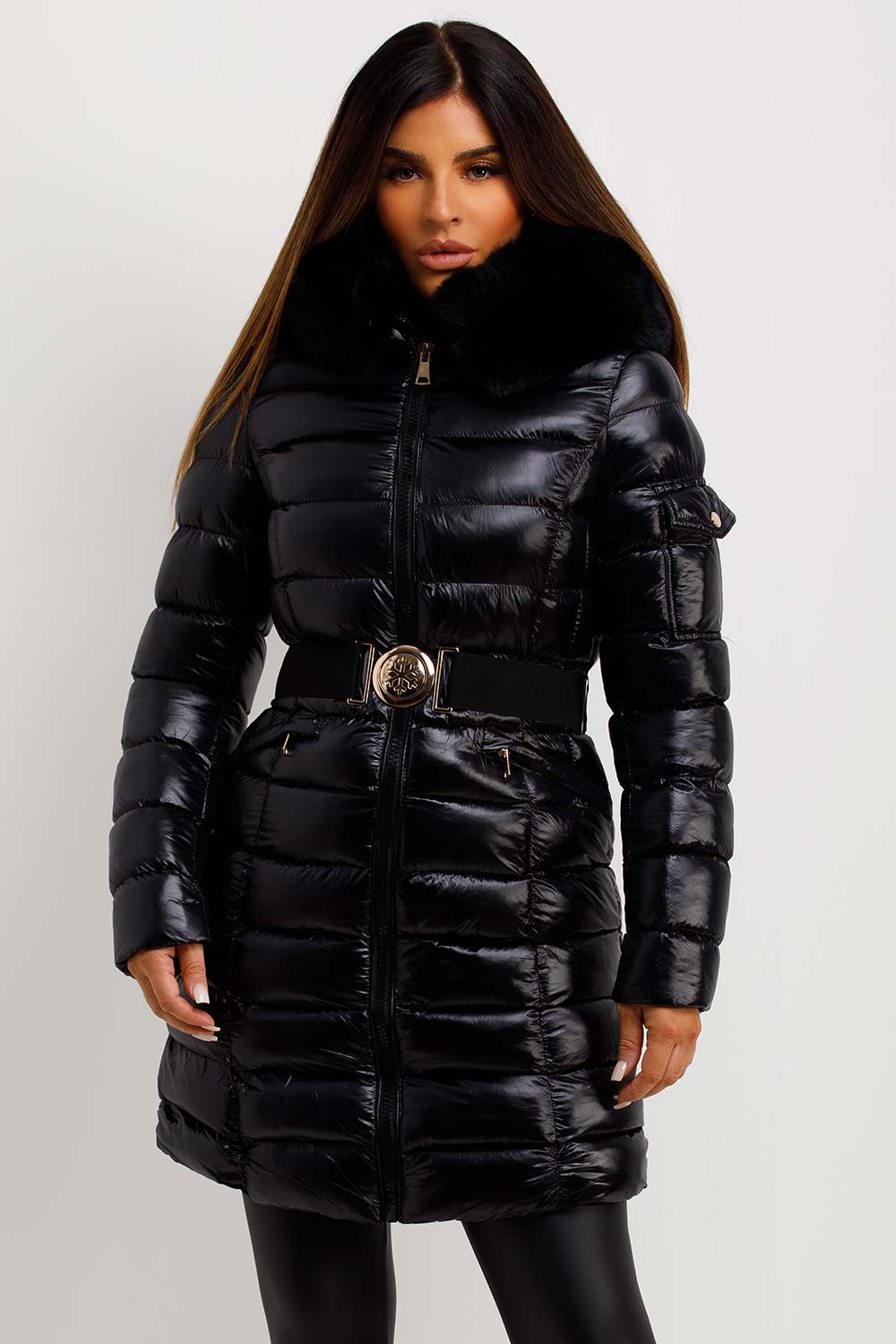 black shiny puffer coat with fur hood and belt styledup