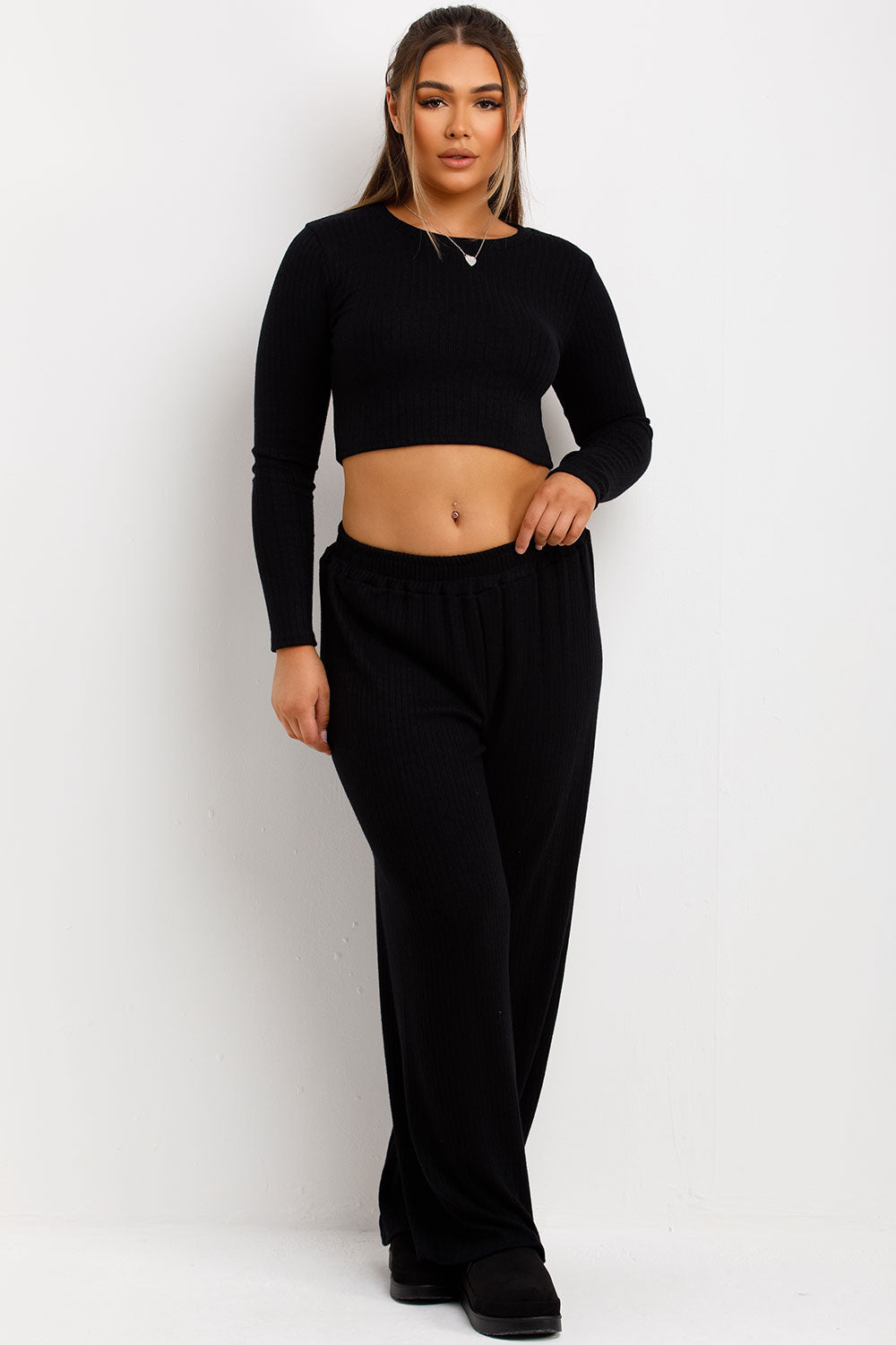 black loungewear set with wide leg trousers and long sleeve ribbed top co ord set zara womens