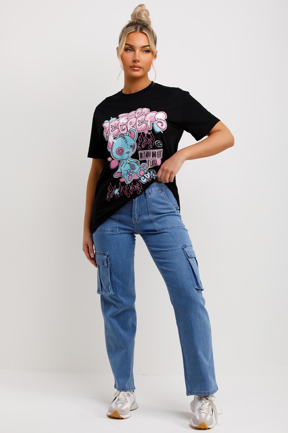 womens t shirt with teddy bear zero regrets slogan