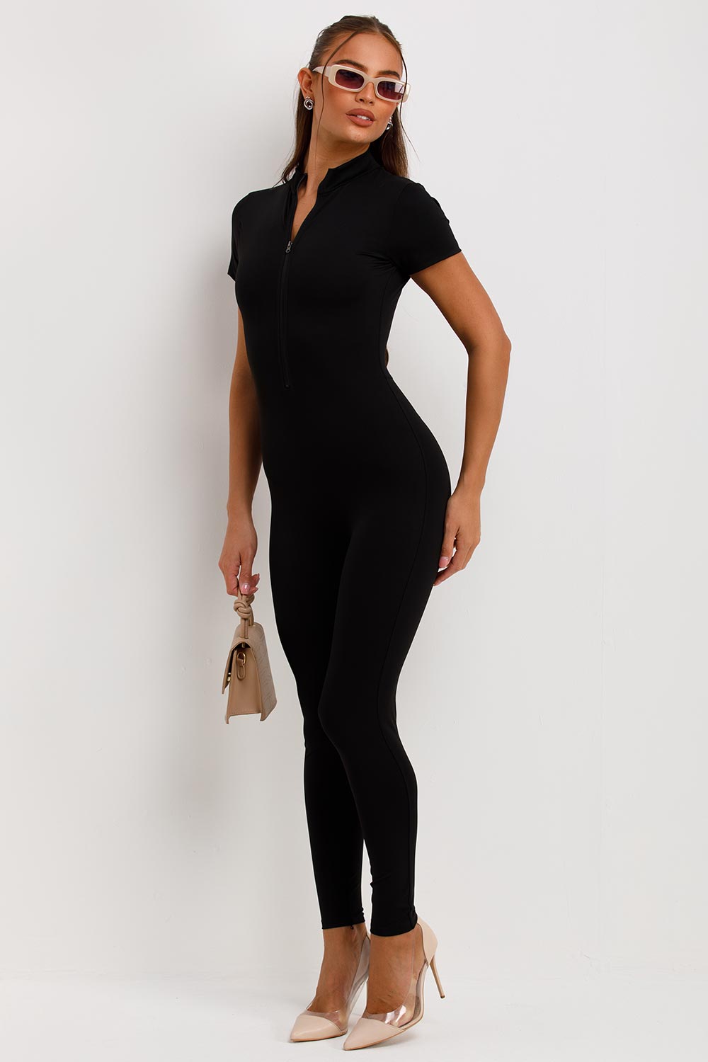 short sleeve zip front jumpsuit stretch sculpt contour