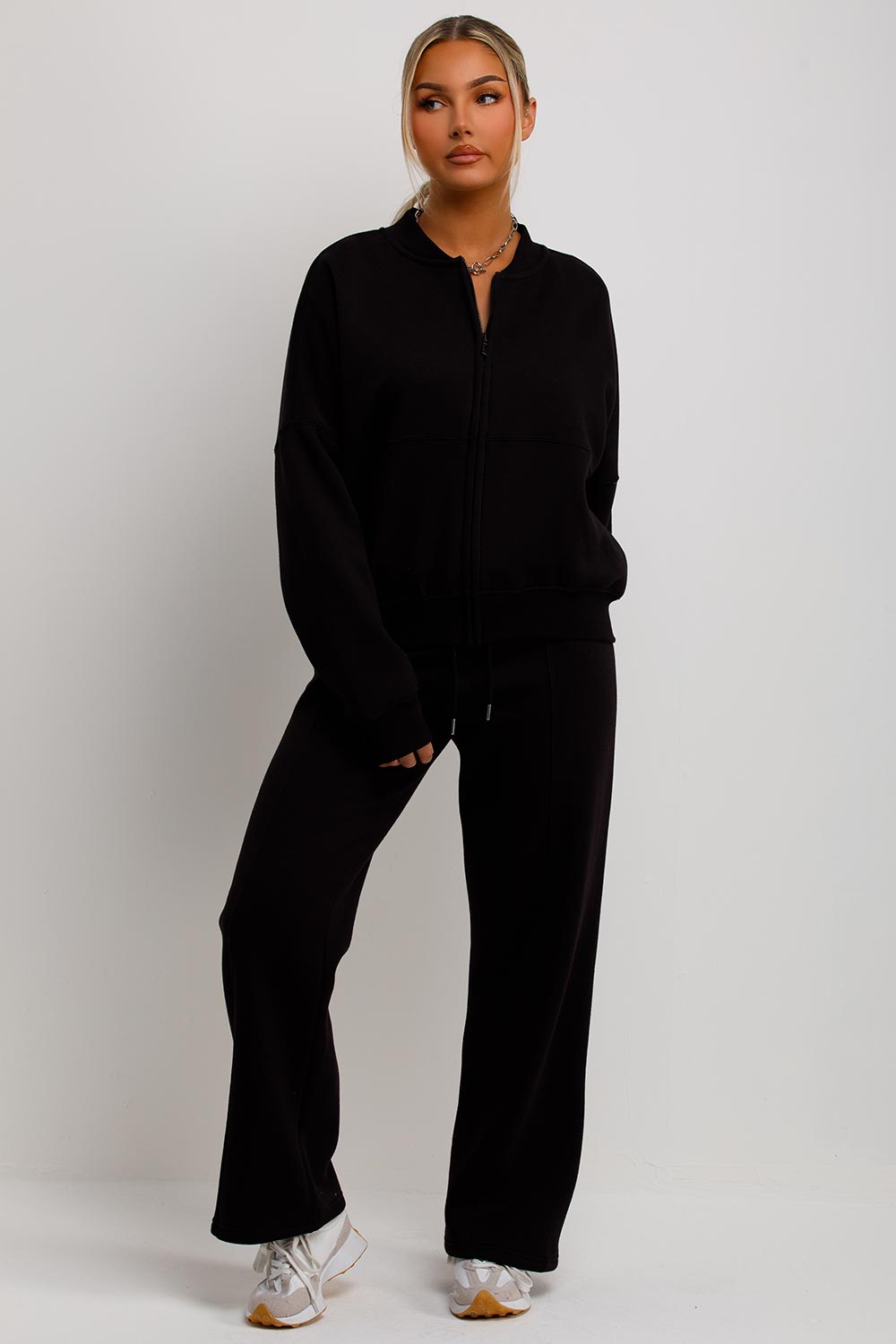 womens bomber sweatshirt with zip and straight leg joggers set