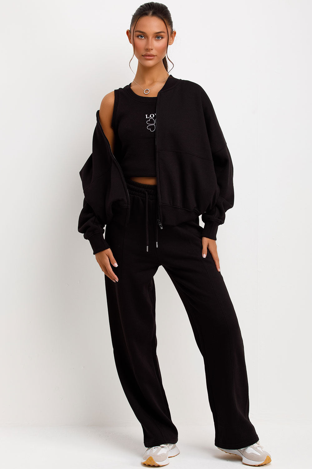 zara womens bomber sweatshirt with zip ribbed vest top and straight leg joggers tracksuit three piece lounge set
