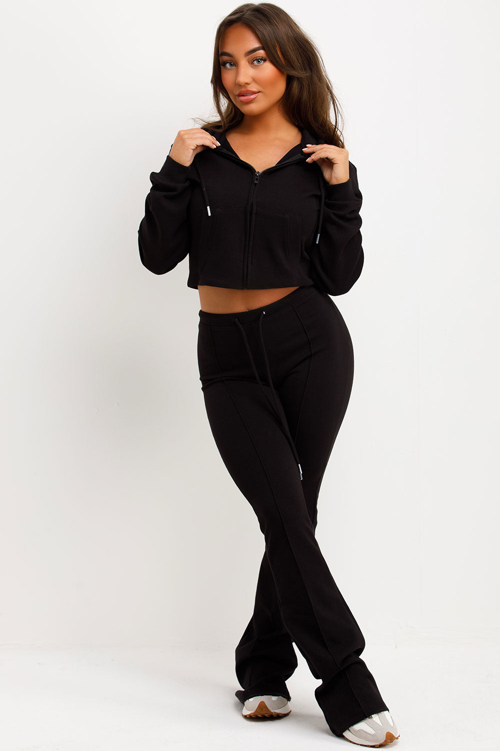 zara womens crop sweatshirt and bell bottom trousers two piece loungewear set