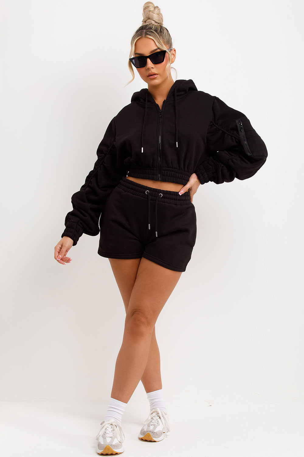 womens crop zip up hoodie with ruched sleeves and shorts tracksuit set