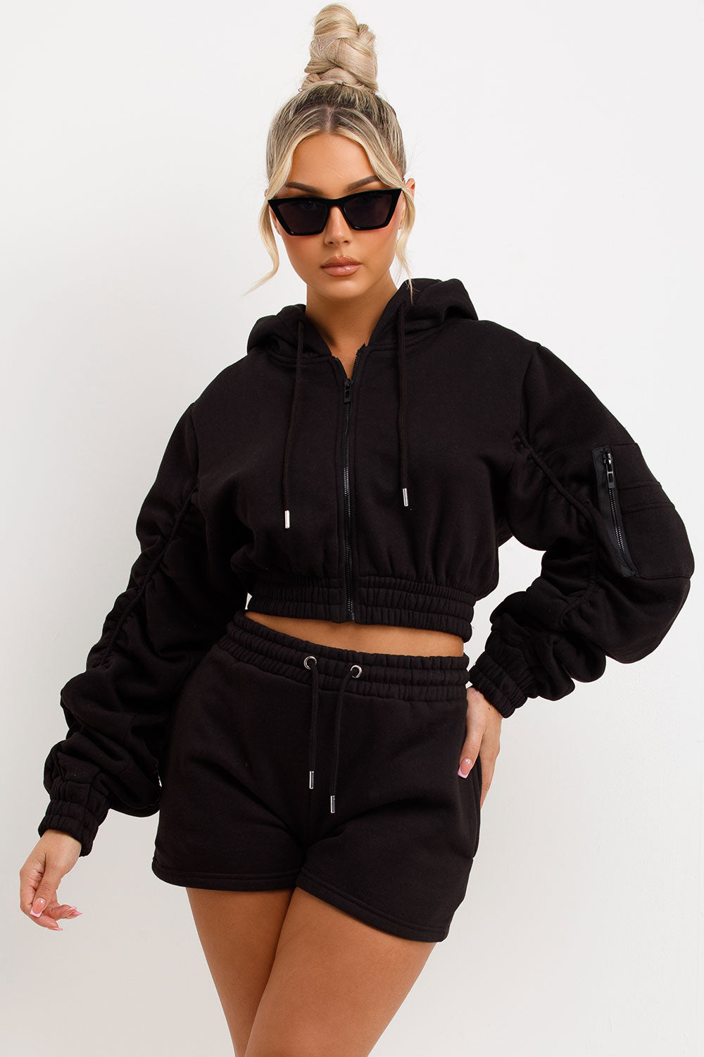 womens short tracksuit with ruched sleeves uk