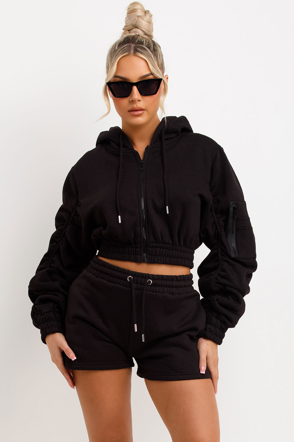 ruched sleeve crop zip hoodie and shorts tracksuit set womens