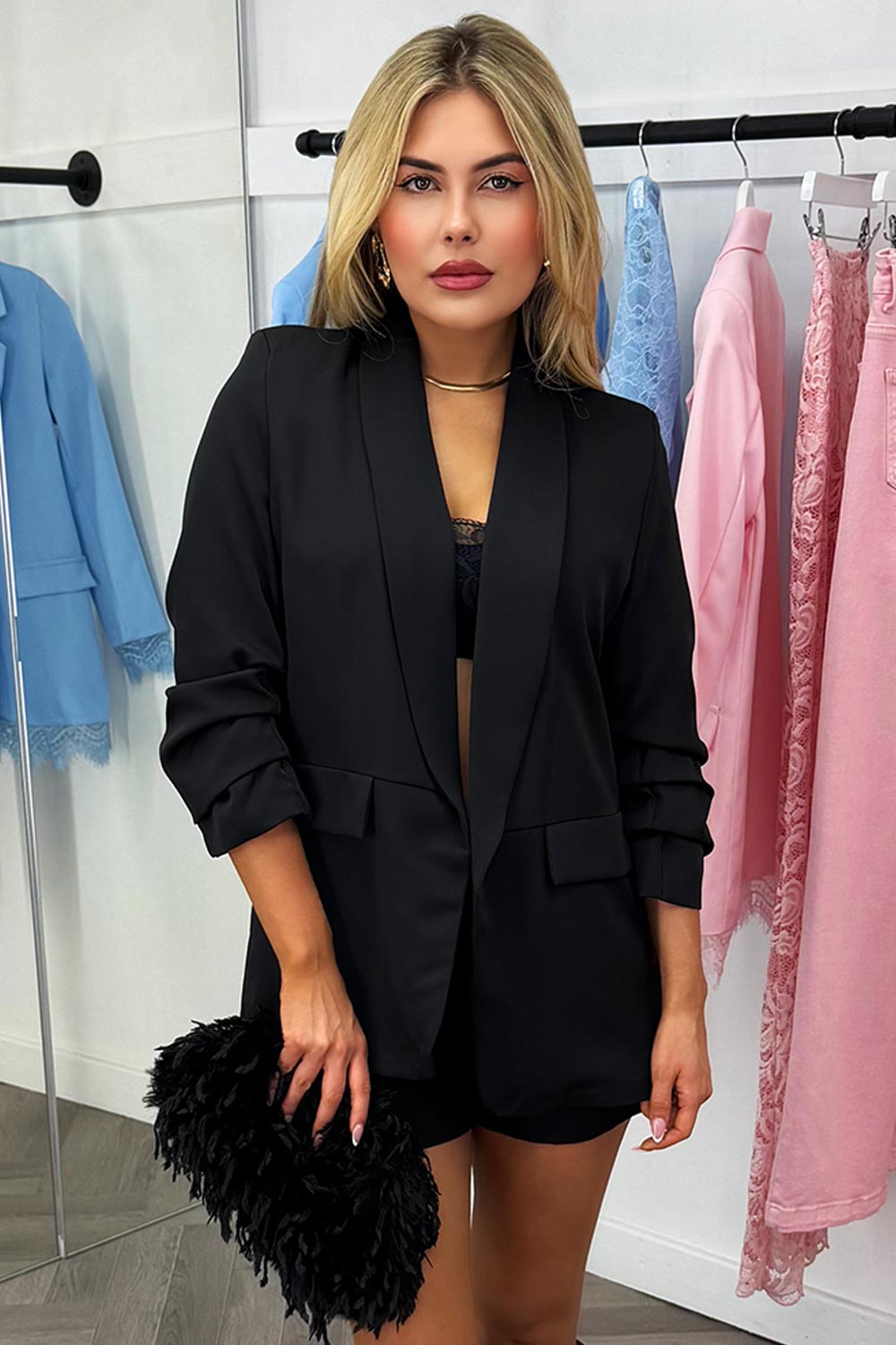 womens ruched sleeve blazer and shorts two piece matching outfit set black styledup