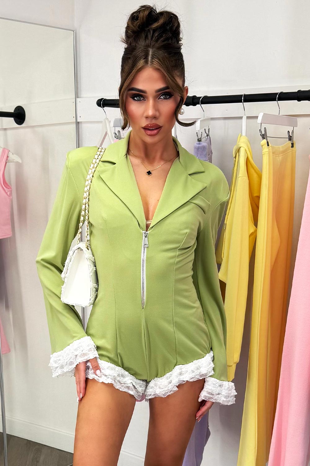 blazer playsuit with long sleeves ruffle frilly lace trim styledup festival outfit