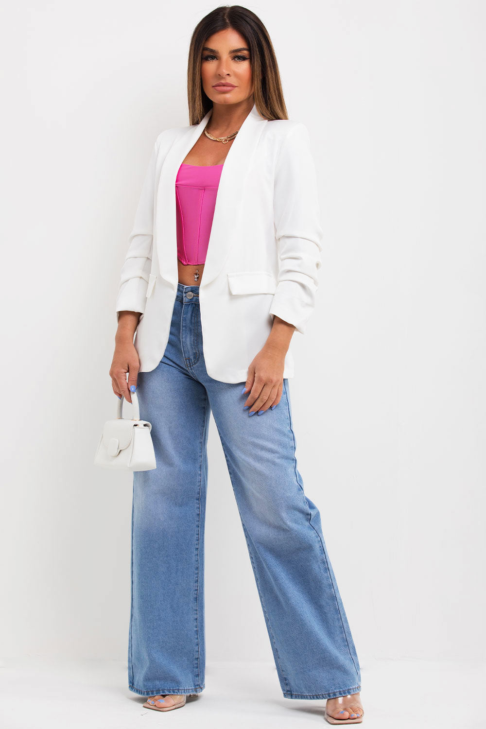 womens blazer with ruched sleeves uk