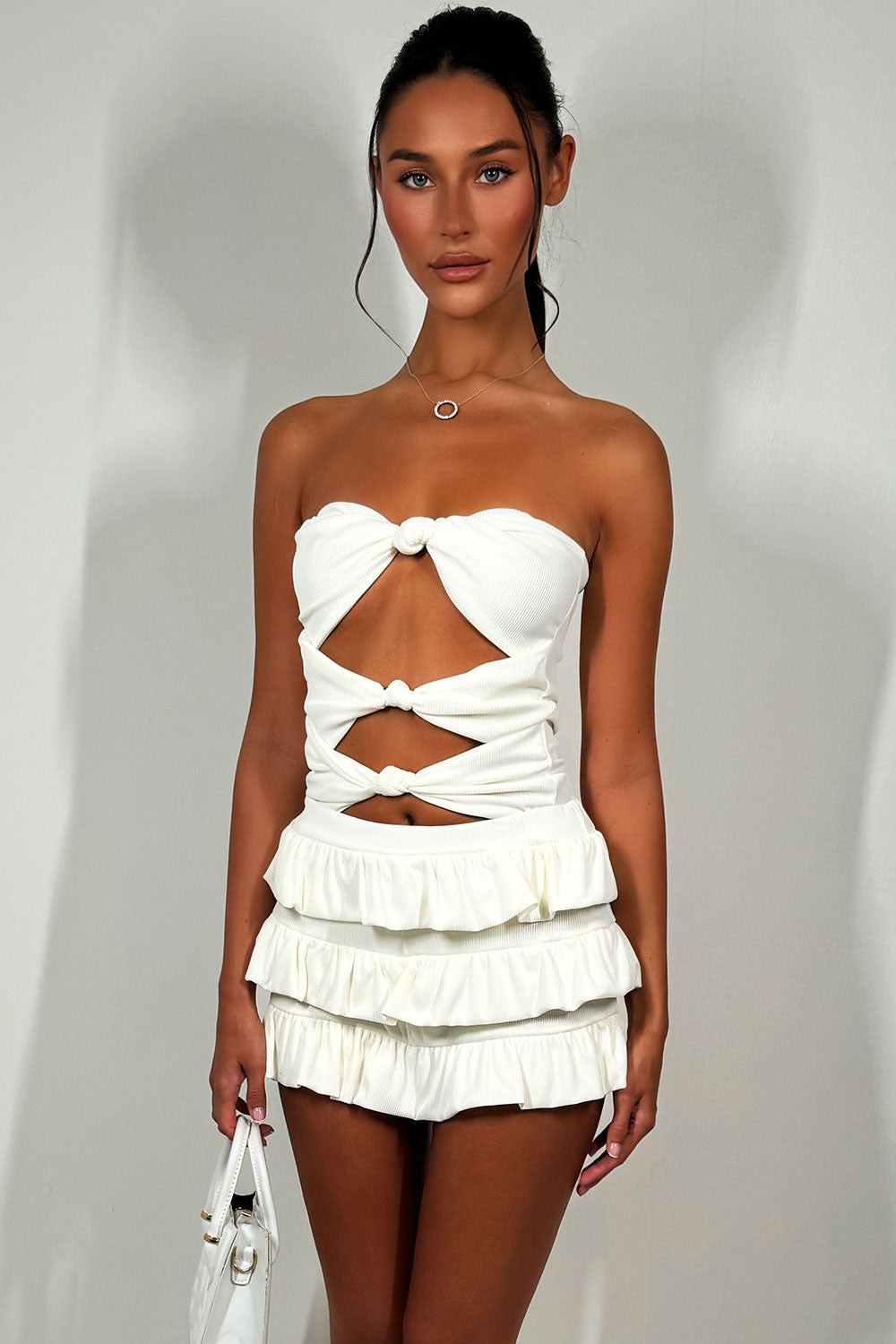 ruffle frilly bloomer shorts and bandeau bodysuit top two piece set festival outfit