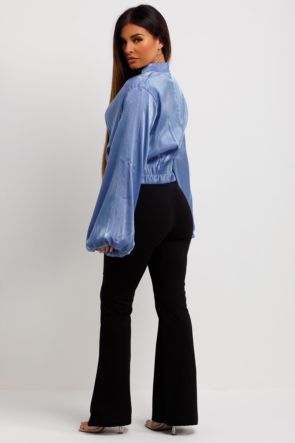 womens going out christams party long sleeve blouse top in satin with twist front detail