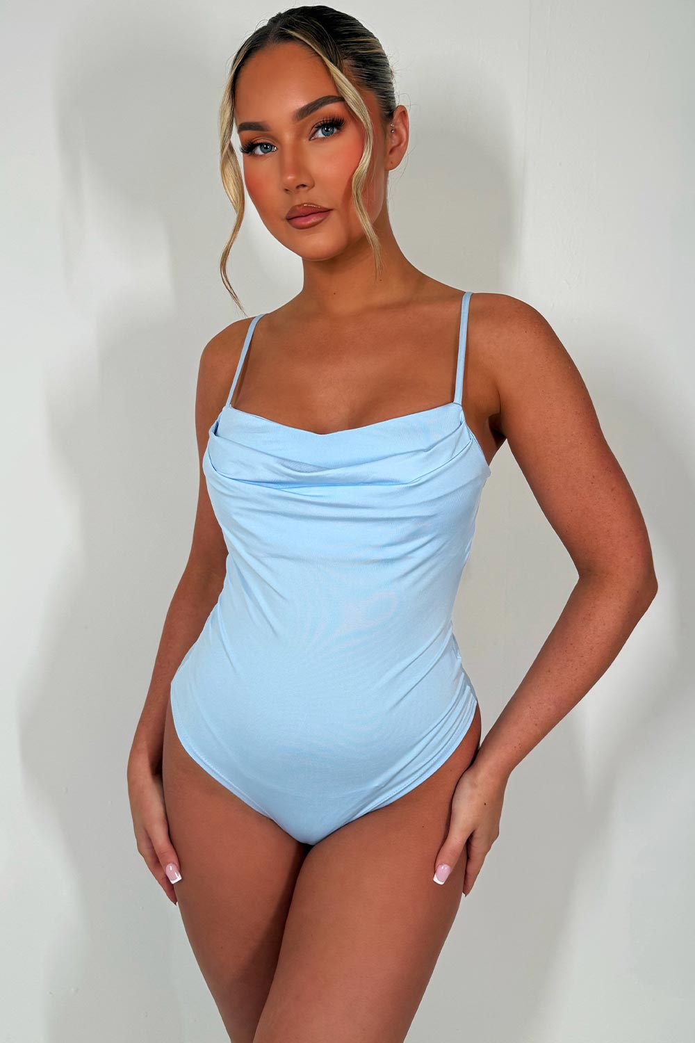 cowl neck bodysuit top satin