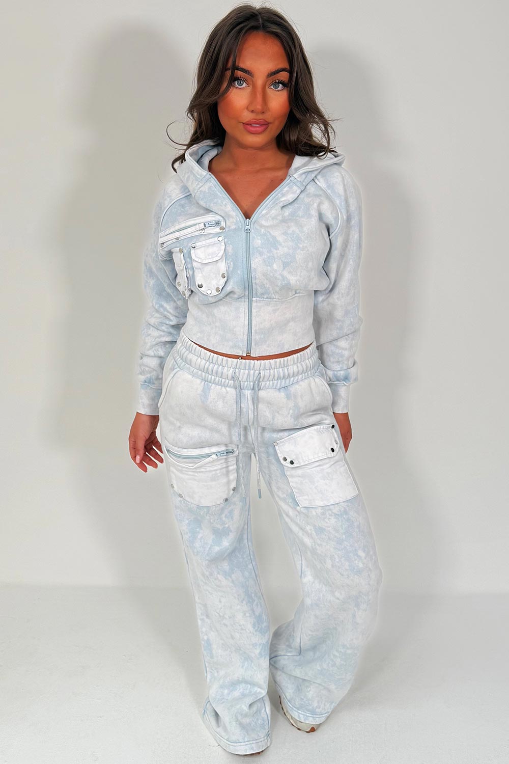 crop zip through hoodie and wide leg joggers tracksuit set styledup