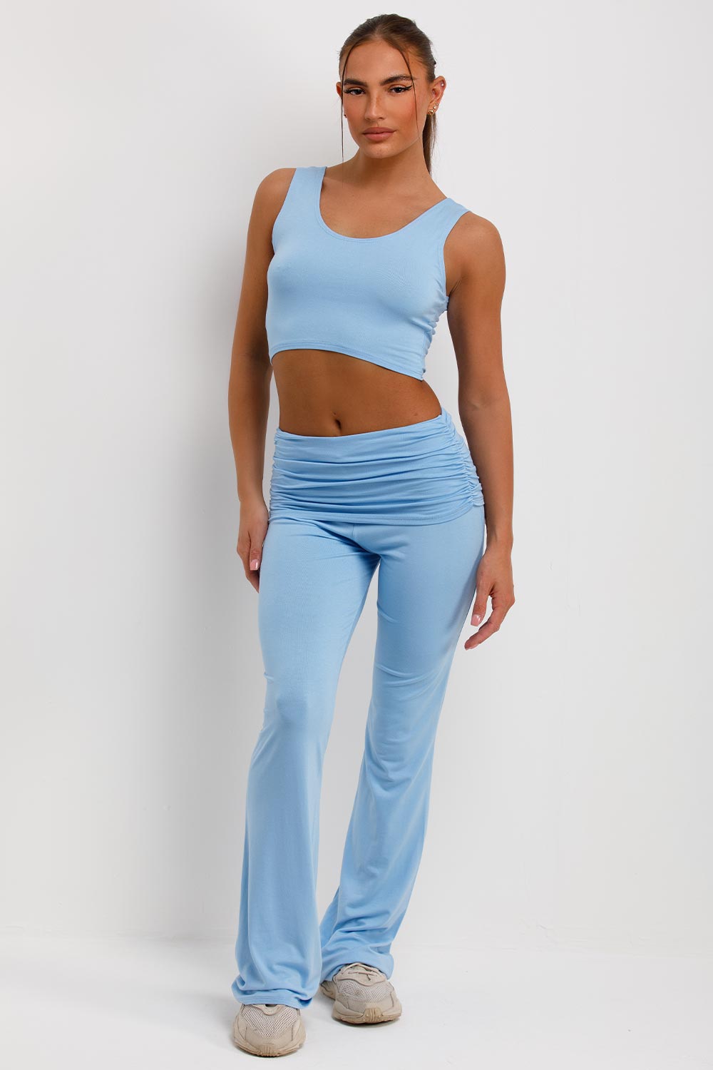 womens fold over flared trousers crop top and ruched sleeve cardigan three piece matching set womens loungewear summer outfit