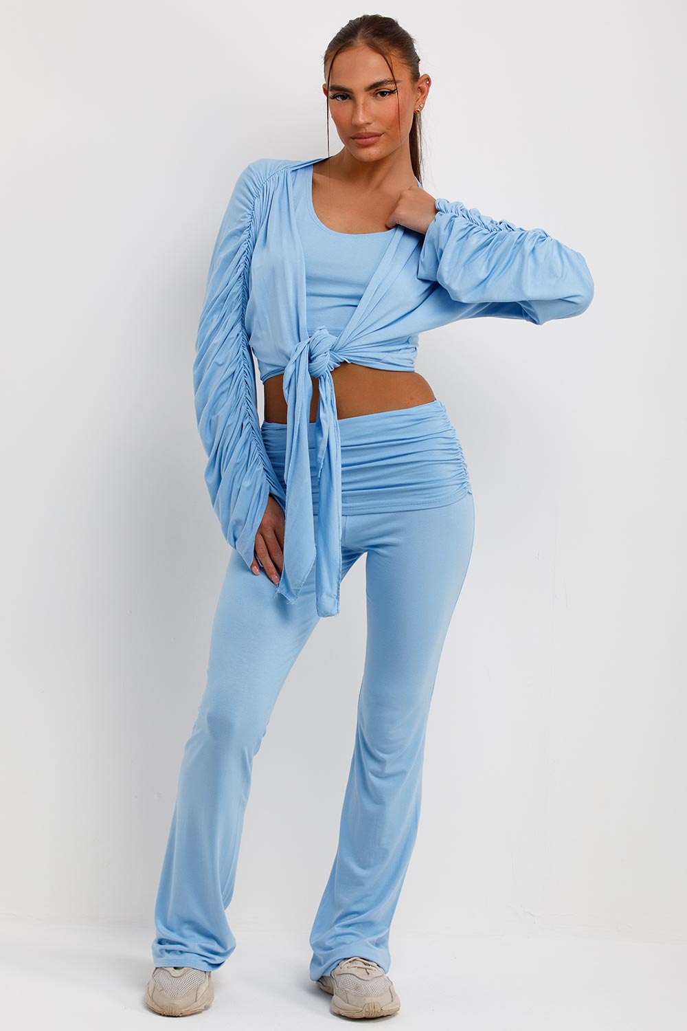 womens ruched sleeve cardigan crop top and fold detail flared trousers co ord set