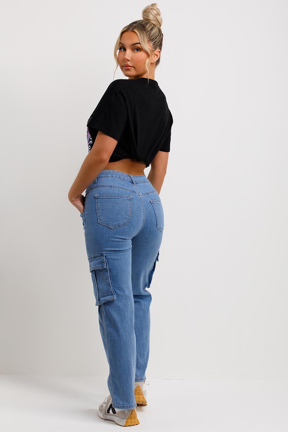 denim blue cargo jeans with straight leg womens