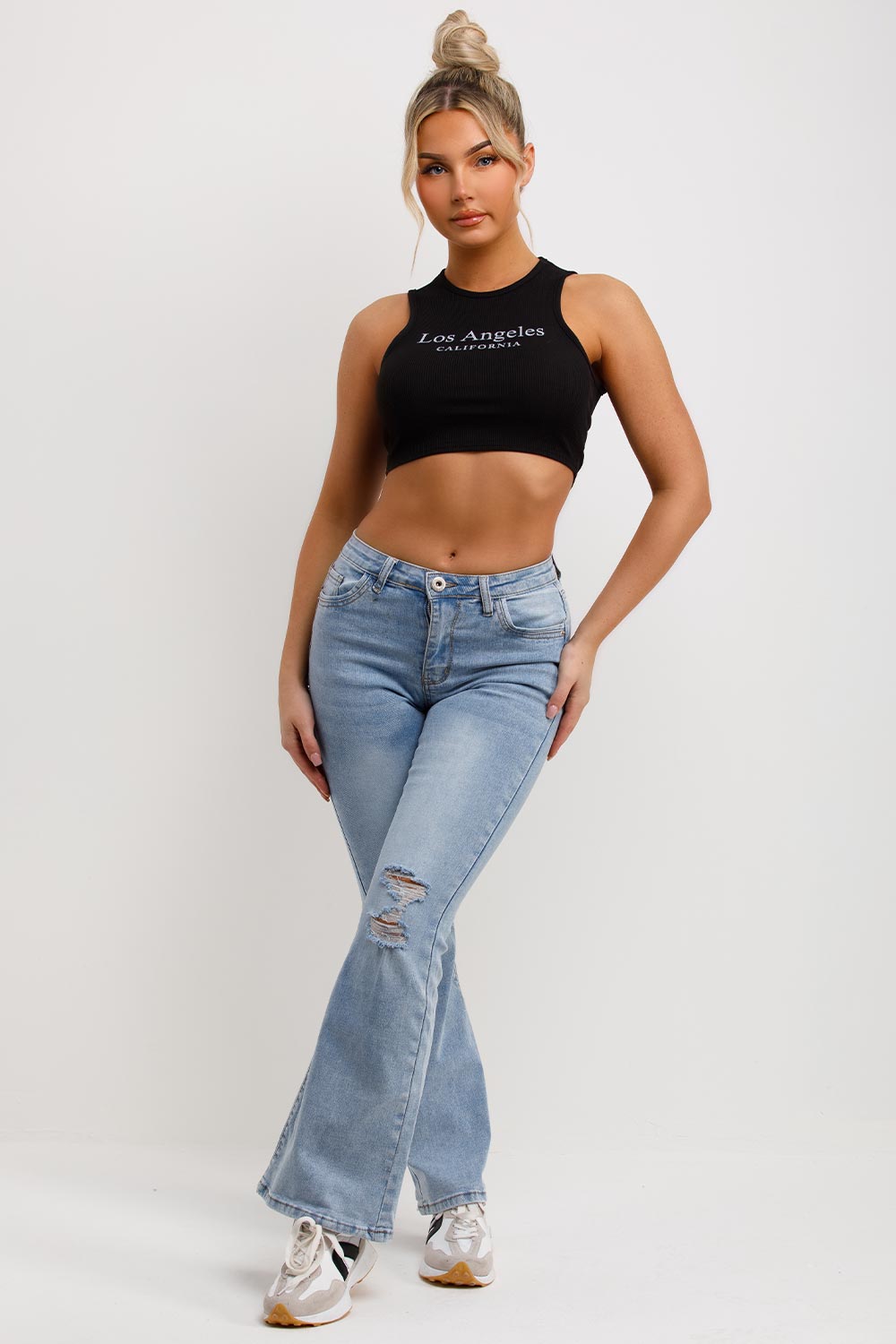 womens ripped flared jeans light wash denim