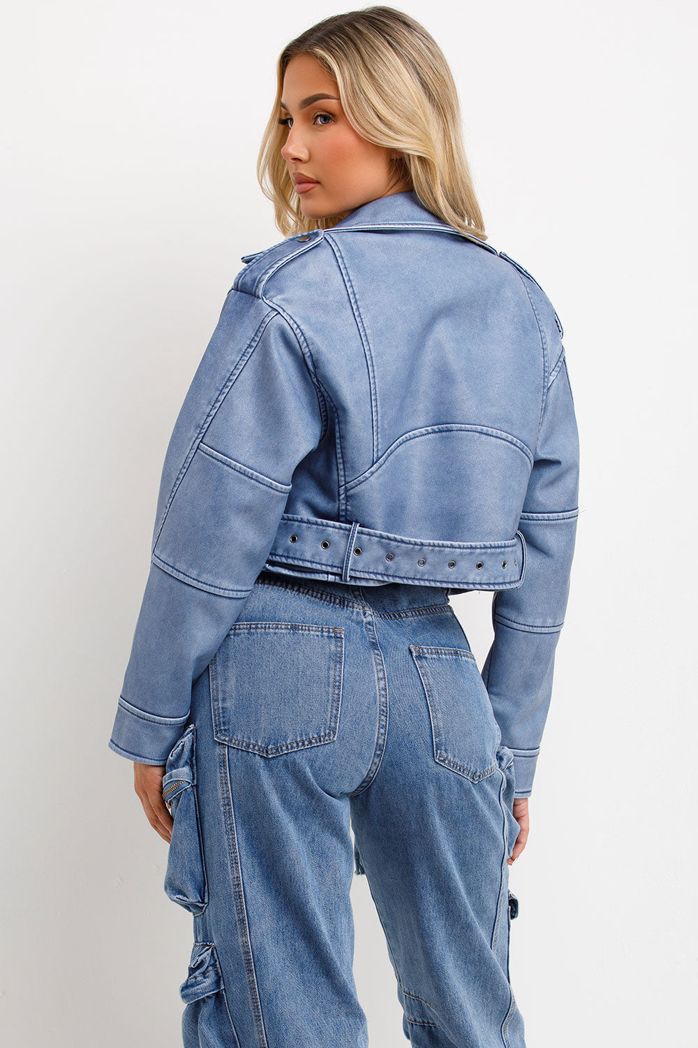 womens zara faux leather jacket with belt and lapel collars