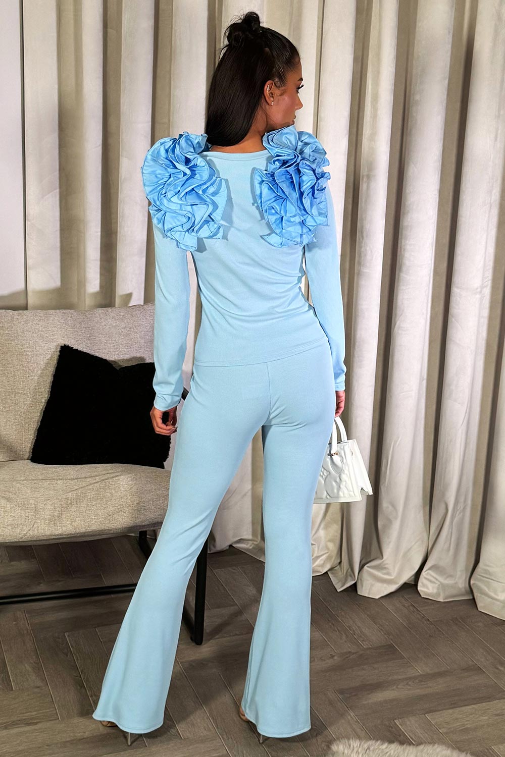 ruffle frill shoulder top and straight leg trousers two piece co ord set matching outfit